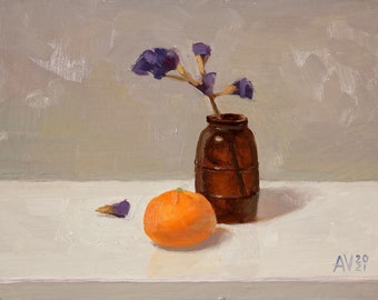 Brown bottle with clementine original still life oil painting by Aleksey Vaynshteyn