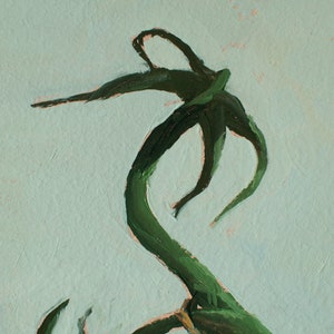 May include: A close-up of a green plant with a single stem and multiple leaves. The plant is painted in a stylized manner with thick brushstrokes. The background is a light blue-green color.