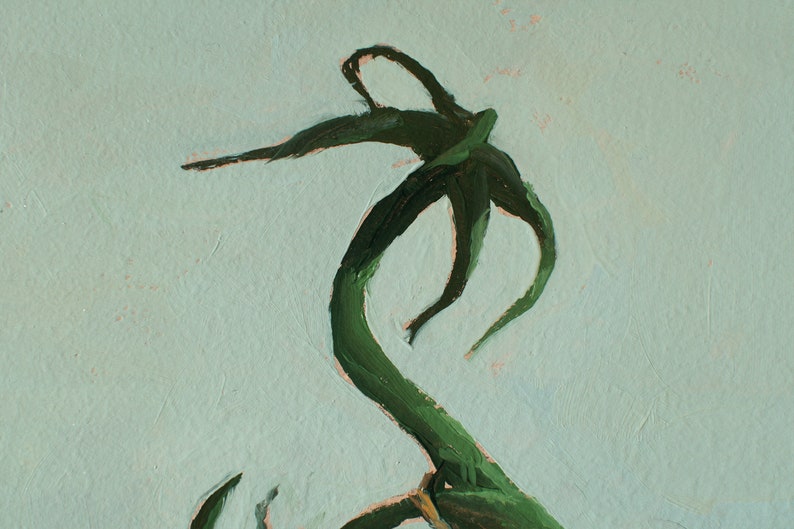 May include: A close-up of a green plant with a single stem and multiple leaves. The plant is painted in a stylized manner with thick brushstrokes. The background is a light blue-green color.
