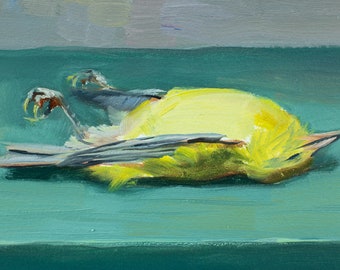 Origineel olieverfschilderij - dode gele vogel op groene vensterbank stilleven (6 x 8)