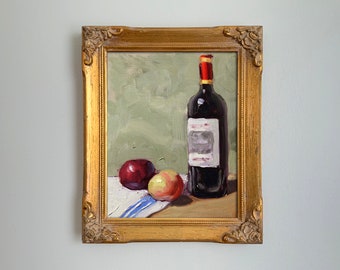 Red wine and apples original still life oil painting by Aleksey Vaynshteyn
