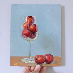 Red plums in a wine glass original still life oil painting by Aleksey Vaynshteyn