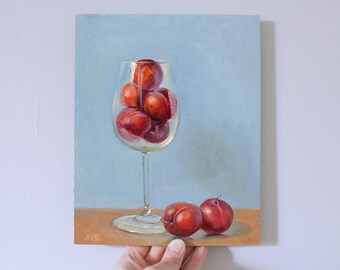 Red plums in a wine glass original still life oil painting by Aleksey Vaynshteyn
