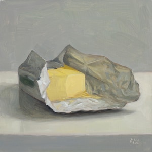 Irish butter in silver foil, modern painting, small painting, square painting of Kerrygold unsalted butter, original still life oil painting