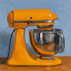 Orange Kitchen Aid Stand Mixer on blue background, small painting, square painting, original still life oil painting image 1