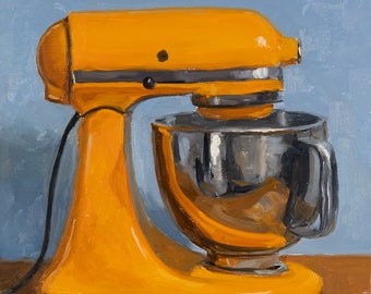 Orange Kitchen Aid Stand Mixer on blue background, small painting, square painting, original still life oil painting