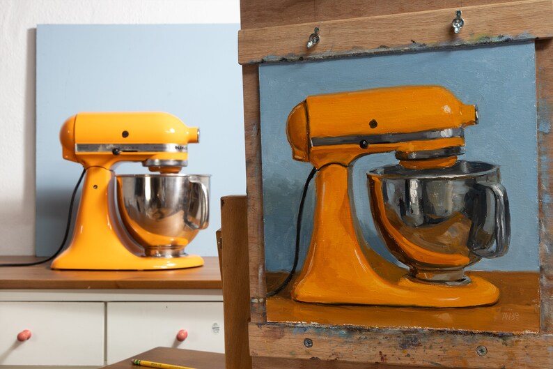 Orange Kitchen Aid Stand Mixer on blue background, small painting, square painting, original still life oil painting image 4