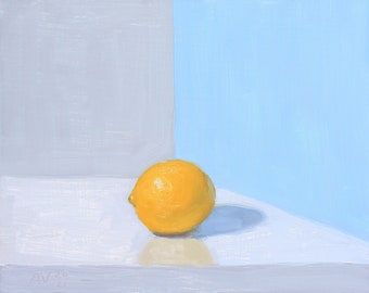 Lemon oil painting, citrus art, small lemon painting, original still life oil painting by Aleksey Vaynshteyn