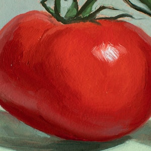 May include: Two red tomatoes with green stems, one in front of the other, on a light green background.
