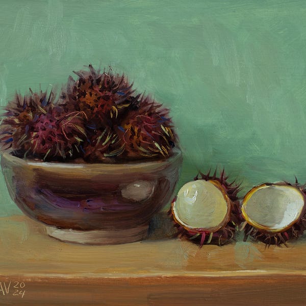 Rambutan i en handgjord keramikskål Stilleben Original oljemålning: Originalkonst (8x10)