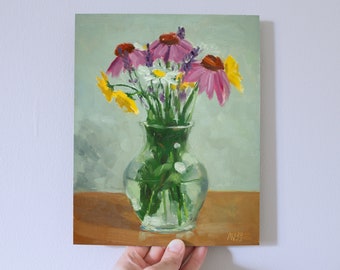 Summer bouquet of flowers in a glass vase oil painting original flower still life wall art by Aleksey Vaynshteyn