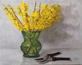 Forsythia Flower Branches in a Green Glass Vase original still life oil painting by Aleksey Vaynshteyn