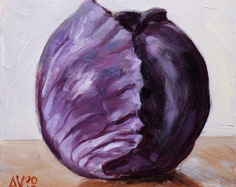 Original encadrée de peinture à l’huile nature morte, chou mauve par Aleksey Vaynshteyn