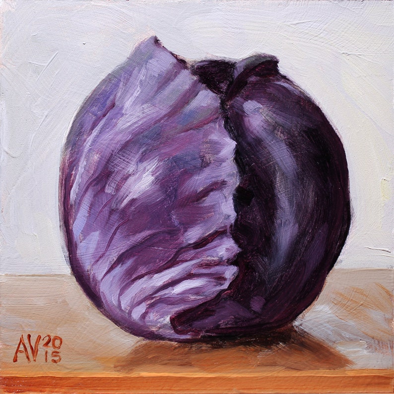 Original Framed Oil Painting Still Life Purple Cabbage by image 1
