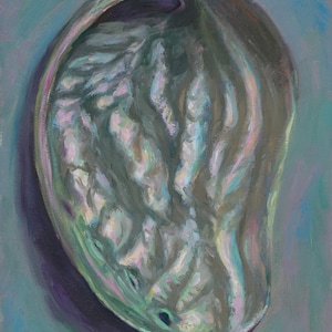 May include: Oil painting of a pearlescent abalone shell, showcasing iridescent colors of green, blue, and pink. The shell's interior is detailed with textured ridges, set against a soft blue-green background. Signed "AV 22" in the bottom right corner.