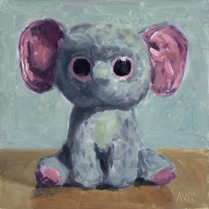 Painting of a stuffed elephant toy, square still life painting, modern art, original contemporary art by Aleksey Vaynshteyn