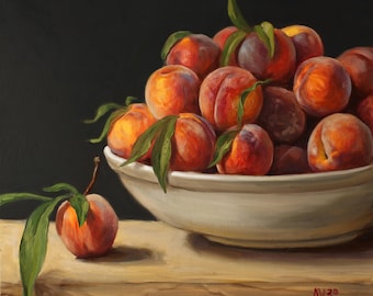 Fresh Jersey peaches in a large bowl canvas print of my original still life oil painting by Aleksey Vaynshteyn