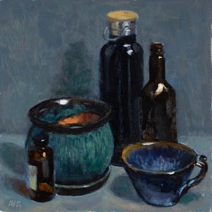Dark Objects realistic oil painting of dark bottles and vases original still life oil painting by Aleksey Vaynshteyn