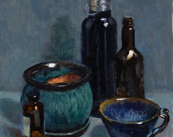Dark Objects Still Life Oil Painting, Moody Home Decor (10x10)
