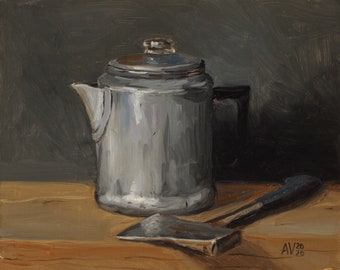 Camping coffee pot and hatchet original still life oil painting by Aleksey Vaynshteyn