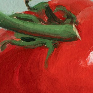 May include: Close-up of a red tomato with a green stem. The tomato is painted in a thick, textured style, with visible brushstrokes.