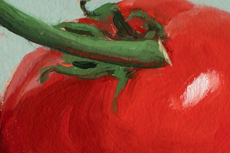 May include: Close-up of a red tomato with a green stem. The tomato is painted in a thick, textured style, with visible brushstrokes.