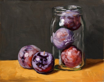 Plums in a Ball glass jar Giclée print of my original still life oil painting by Aleksey Vaynshteyn