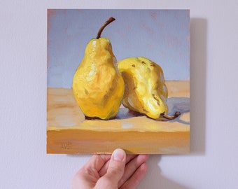 Yellow pears oil painting, small still life painting, square painting, modern art, original contemporary painting by Aleksey Vaynshteyn