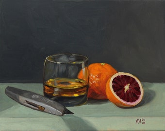 Fine art Giclée print on stretched canvas of original still life painting with whiskey, blood orange and box cutter by Aleksey Vaynshteyn