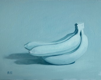 Blue Bananas Art Print on Stretched Canvas contemporary realism modern art original still life oil painting by Aleksey Vaynshteyn