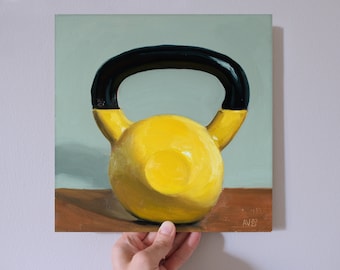 Realistic oil painting of a yellow kettle bell, square still life painting, contemporary realist, original modern art Aleksey Vaynshteyn
