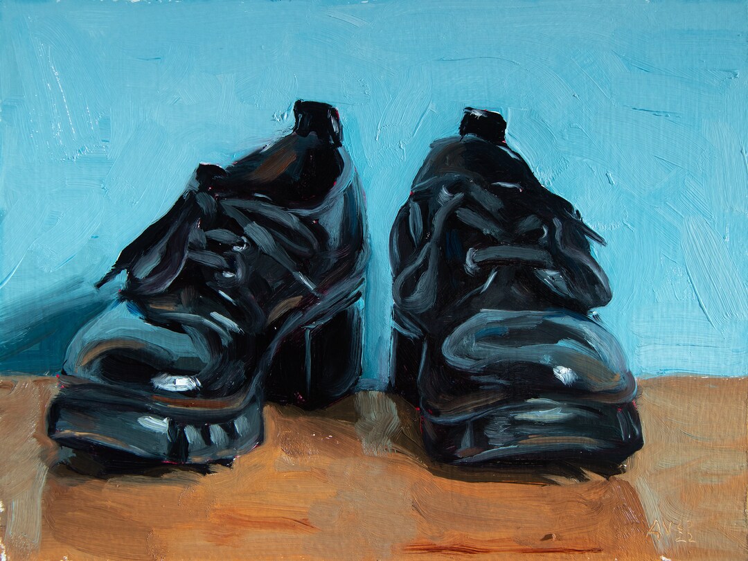 Pair of Black Shiny Shoes on Blue Background Small Painting Square Painting Original Still Life Oil Painting Etsy