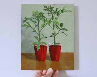 Original oil painting of tomato seedlings in Solo cups, unique modern art still life painting oil on panel by Aleksey Vaynshteyn