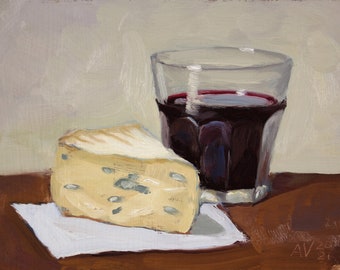 Wine and blue cheese Art Giclée Print of original oil painting still life by Aleksey Vaynshteyn