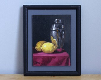 Framed Still Life Painting, Martini Shaker and Lemons Original Kitchen Art by Aleksey Vaynshteyn