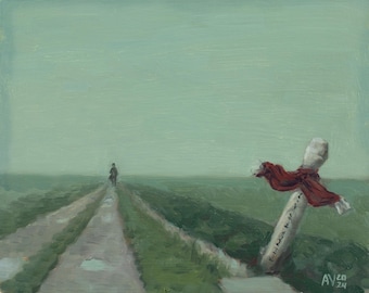 Recuerdos: pintura al óleo original de una figura distante caminando por un camino rural, pintura de paisaje surrealista de Aleksey Vaynshteyn
