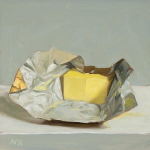 Irish butter in gold foil, modern painting, small painting, square painting of Kerrygold salted butter, original still life oil painting