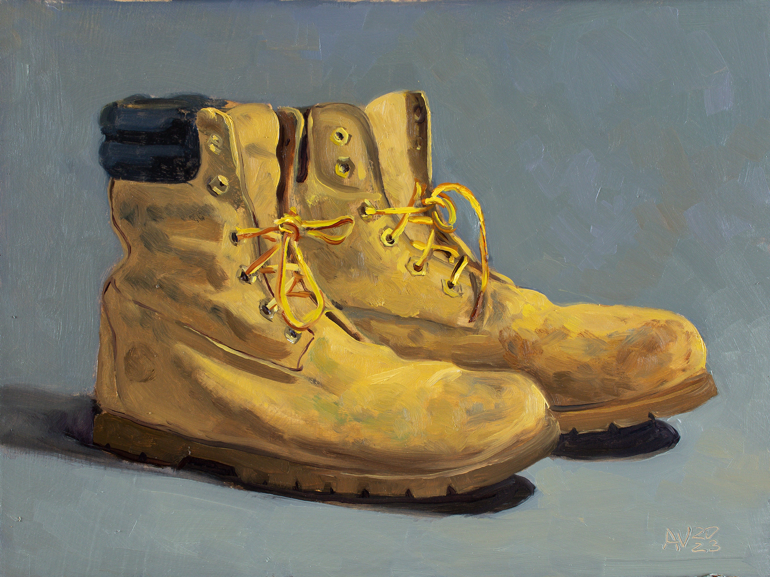 Oil Painting of a Pair of Old Dirty Boots, Timberland Boots