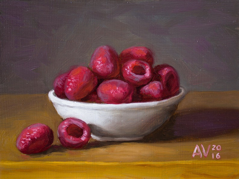 Red Ripe Raspberries in a Bowl Kitchen Painting Still Life by Aleksey Vaynshteyn image 2