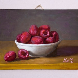 Red Ripe Raspberries in a Bowl Kitchen Painting Still Life by Aleksey Vaynshteyn image 3