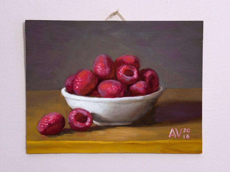 Red Ripe Raspberries in a Bowl Kitchen Painting Still Life by Aleksey Vaynshteyn image 3