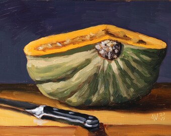 Peinture à l’huile de courge Kabocha, cadeau de Thanksgiving, cadeau de pendaison de crémaillère, peinture à l’huile originale de gourde à bord par Aleksey Vaynshteyn