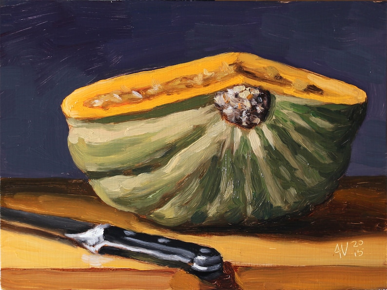 Kabocha Squash Oil Painting, Thanksgiving present, housewarming gift, gourd original oil painting on board by Aleksey Vaynshteyn image 1