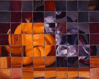 Plums and gourd unique interactive mosaic art made from two oil paintings cut up into squares secured with velcro by Aleksey Vaynshteyn