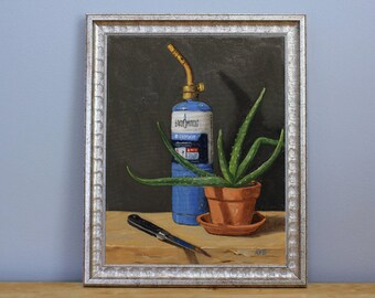 Cleansed by fire - original still life oil painting with blow torch aloe and knife by Aleksey Vaynshteyn