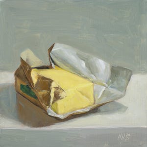 Irish butter in gold foil, modern painting, small painting, square painting of Kerrygold salted butter, original still life oil painting