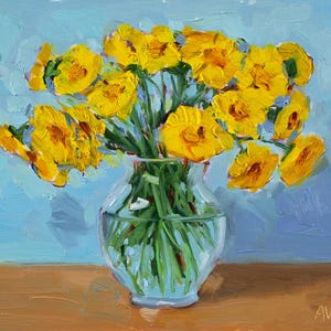 Thick impasto painting of yellow flowers glass vase original flower still life oil painting by Aleksey Vaynshteyn