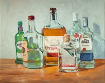 Liquor bottles oil painting, bourbon gin tequila rum vodka vermouth large original still life oil painting by Aleksey Vaynshteyn