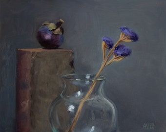 Original oil painting with mangosteen, glass vase, flower and brick on dark grey original tropical fruit still life by Aleksey Vaynshteyn