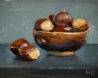 Chestnuts in a hand made ceramic bowl original oil painting still life by Aleksey Vaynshteyn